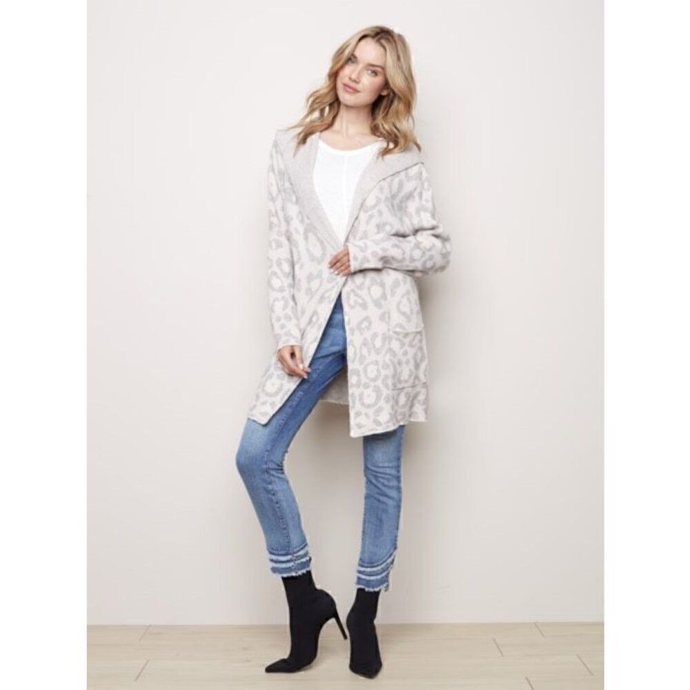 Charlie B Leopard Animal Print Gray Cream Hooded Cardigan Sweater Coat
